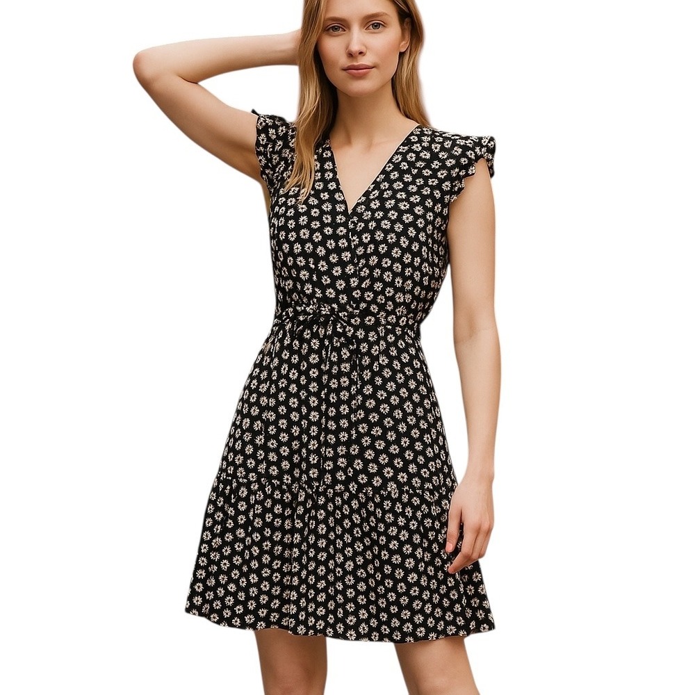 J Crew Ruffle V-Neck Mini Dress Womens‎ Size 2 Black Wildfire Print Lined Dressy